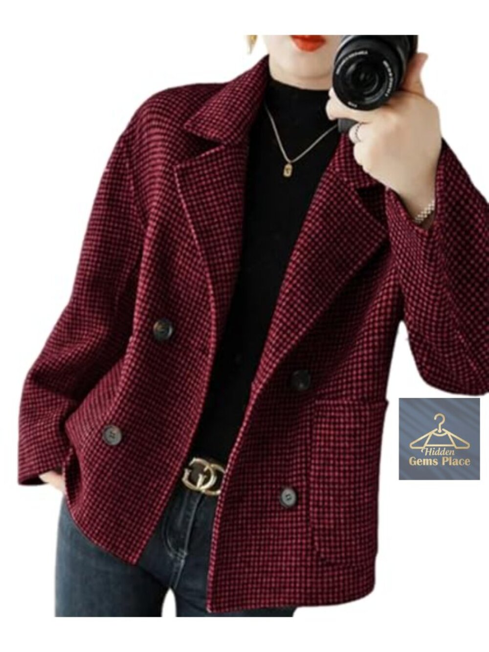 Womens Cropped Wool Coat Houndstooth Short Pea Coat Double Breasted Blazer
